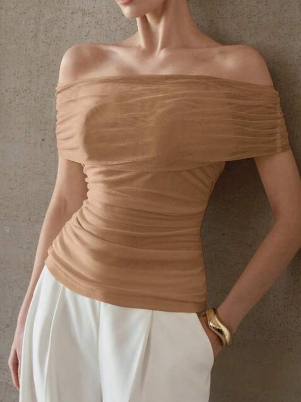 Off-Shoulder Ruched Nude Brown Women’s Top